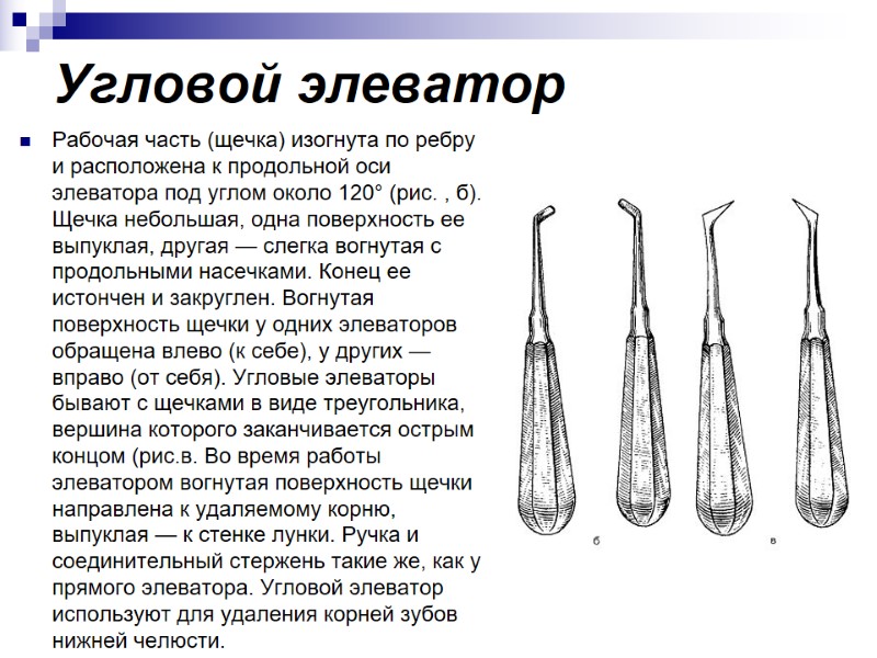 Угловой элеватор Рабочая часть (щечка) изогнута по ребру и расположена к продольной оси элеватора